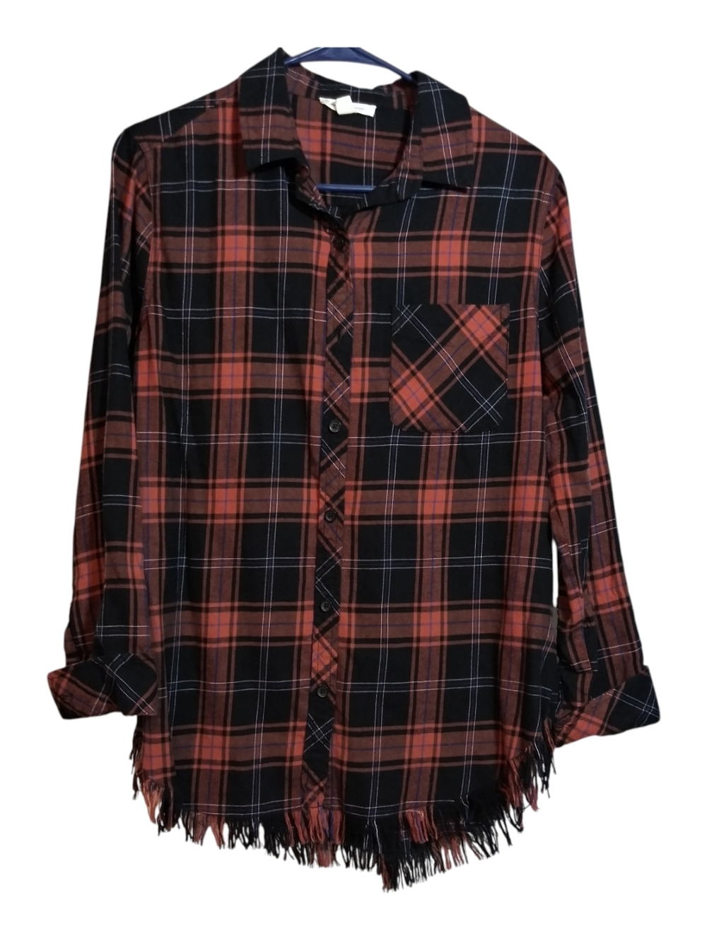 Beach Lunch Lounge Elyse Plaid Button Front Shirt Frayed Hem Size XS